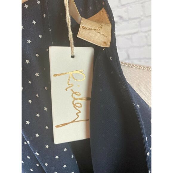 RIELEY NWT blue white stars polka dot silk top tunic mini dress sleeveless M - Picture 7 of 9